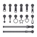 Zippers silhouettes set. Monochrome zip fastener and pullers. Fashion elements for fabric design and clothes. Vector